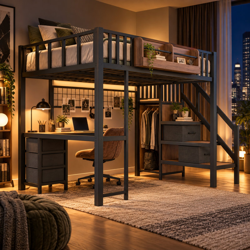Lit mezzanine multifonctionnel en métal robuste Benedict avec bureau, escalier de rangement, tiroirs, lumière DEL et chargement USB, idéal pour les adolescents et peu encombrants.