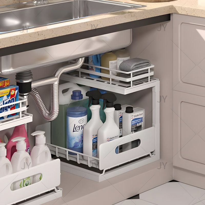 Rangement coulissant sous évier, étagère de rangement à 2 niveaux pour armoires de cuisine pour épices et ustensiles
