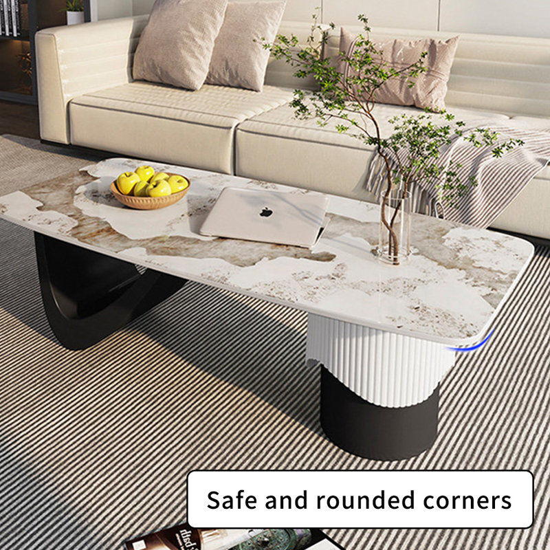 Table basse moderne en ardoise simple avec base en métal, Taupe / Blanc