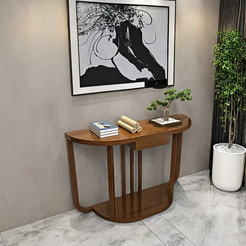 Table de couloir semi-circulaire en bois massif, Noyer, H 31,5 po x l 31,5 po x P 14,2 po
