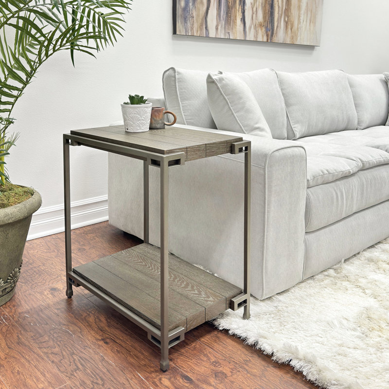 Table de chevet à structure en métal avec tablette en bois, graphite vieilli - Support et mise à niveau de style contemporain