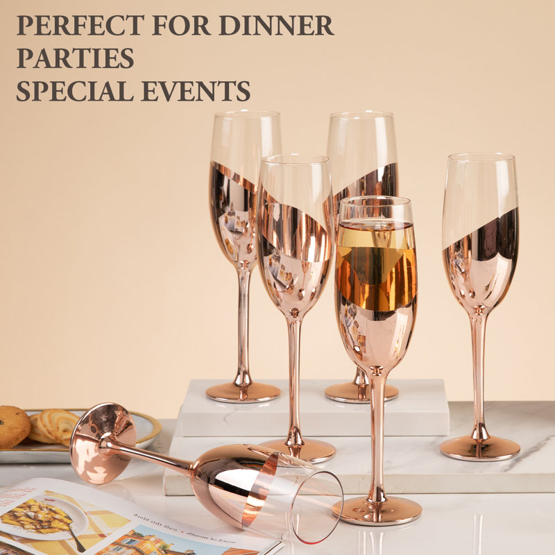 Set of 6 Rose Gold Stemmed Champagne Flute Glasses