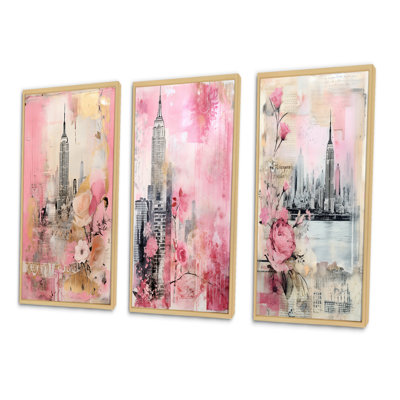 «Pink Vintage New York Empire State Building V», ensemble de 3 impressions
