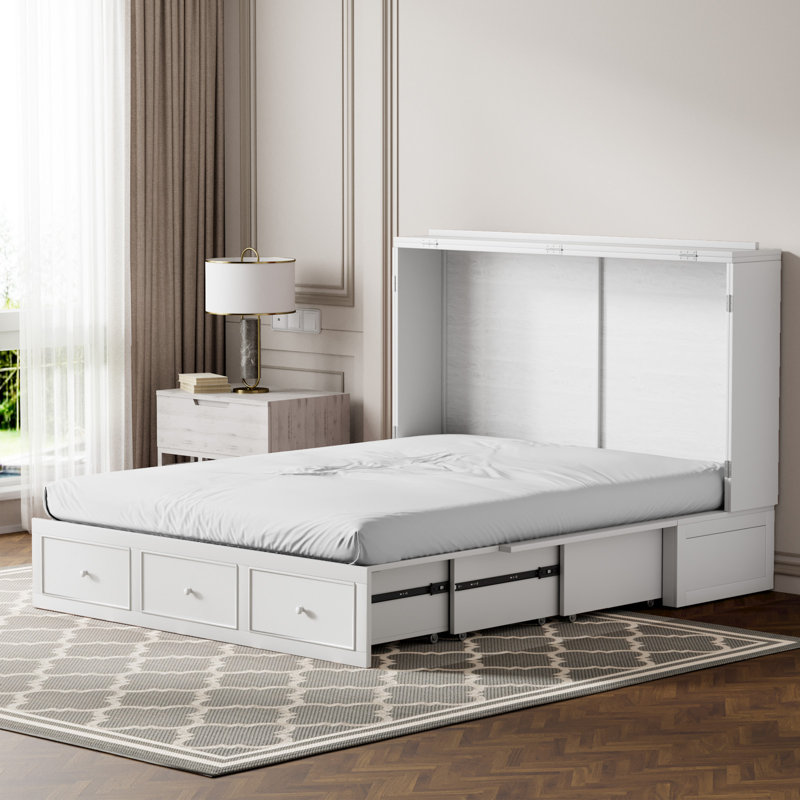 Grand lit escamotable avec matelas Murphy, armoire-lit moderne avec tiroir de rangement et station de charge USB, bois massif