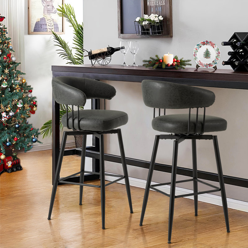 Tabouret de bar rotatif moderne en tissu vert chasseur avec pieds fuselés en métal noir, Vert forêt