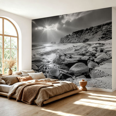 Wall Mural Peel and Stick Wallpaper Black White Beach Blue Ocean Sea Wave Waves Sunset Sunrise Snowy Self-Adhesive Removable Contact Paper Wall Decor for Living Room Bedroom 69"H x 96"W