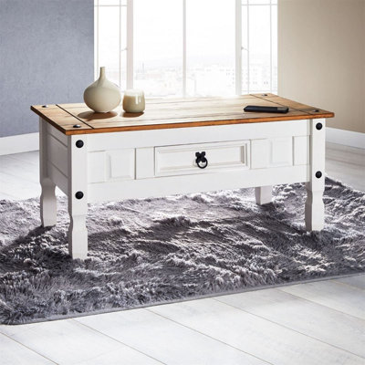 Coffee Table 1 Drawer White Solid Pine Wood Corona Design