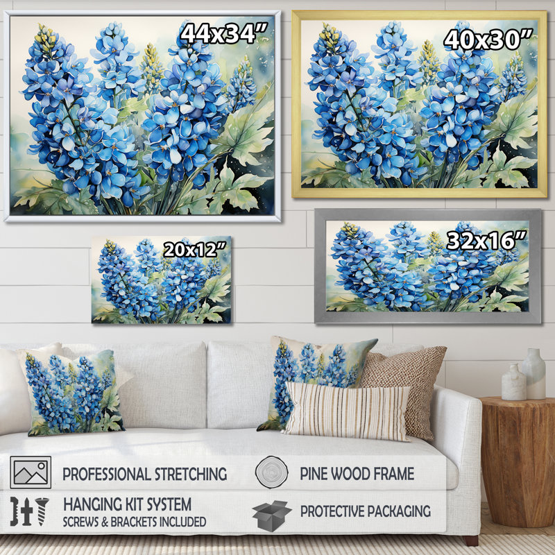 «Blue Bonnets Ballet Horizon I - Blue Bonnets», art mural, Cadre flottant doré, H 24 po x l 32 po x P 1 po