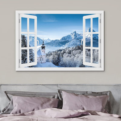 IDÉE4WALL, reproduction d'art sur toile, fenêtre, hiver, montagne, chalet, nature, désert, photographie, réalisme, paysage rustique, coloré, multicolore, décor pour le salon, la chambre à coucher, le bureau