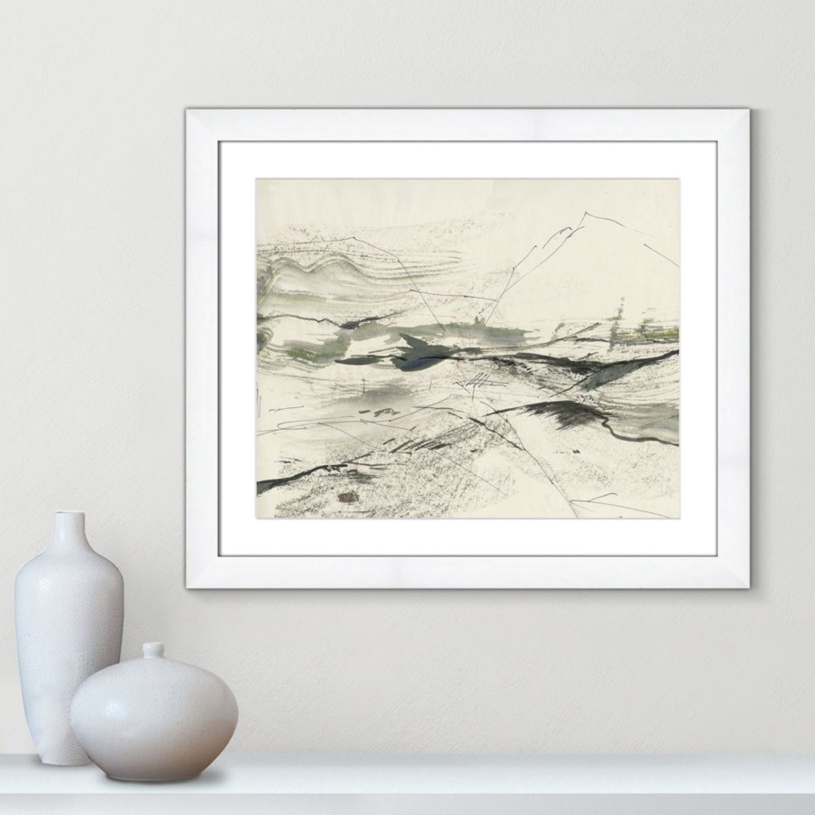 Green Sketches Print by PI Studio, 23" H x 27" W x 1.25" D, White Cube Picture Framed, White