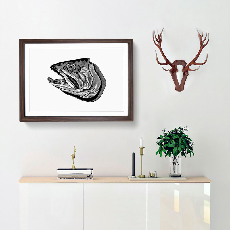 Fish Head Illustration in Black & White - Framed Print, 36cm H x 48cm W x 2cm D, Walnut Framed