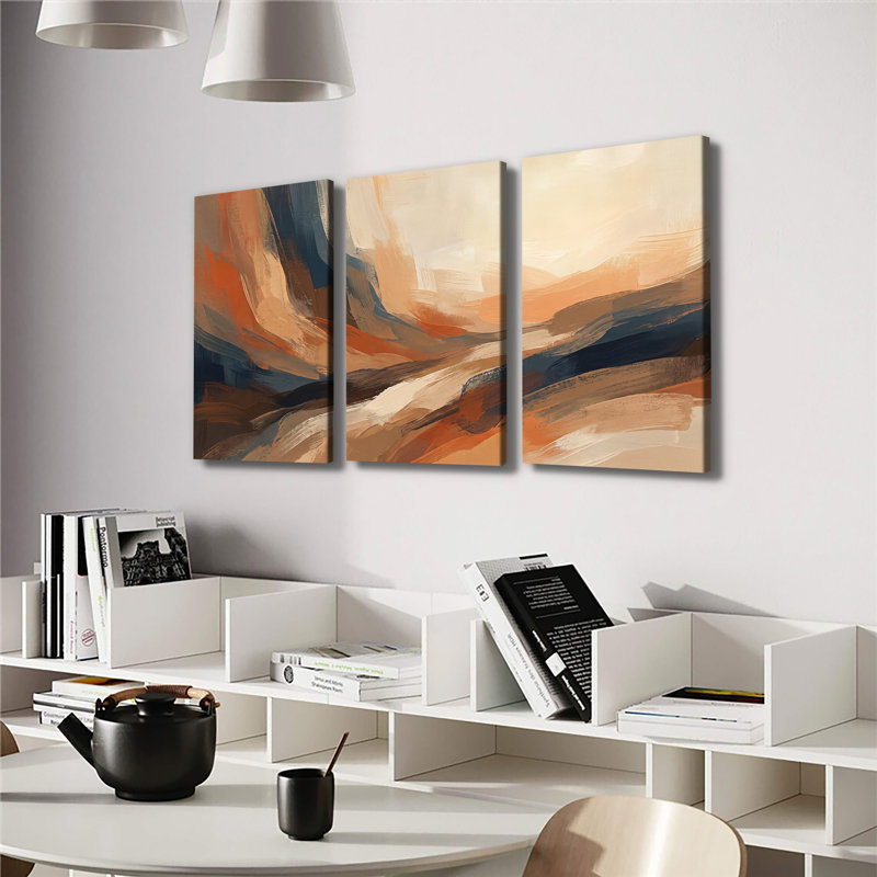 Abstrait paysage de montagne canyon chaleureux - Toile tendue avec châssis de qualité supérieure - prêt à être accroché (ensemble de 3)