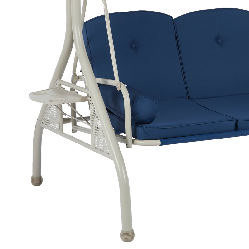 Balançoires d'extérieur pour 3 personnes avec auvent, balançoire avec porte-gobelets et coussins pour la cour arrière, Bleu