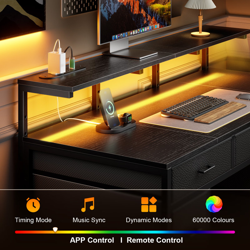 Metal Base Computer Desk with Power Outlet, Brown/Black