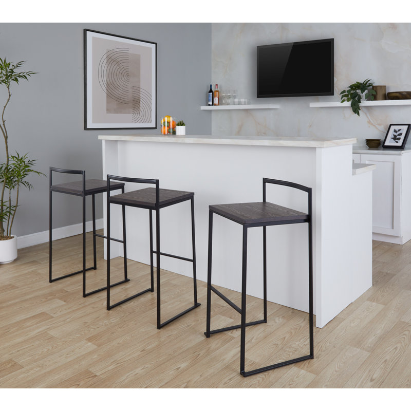Brieon Stackable Fixed-Height Bar & Counter Stool with Wood Seat, Bar Stool (30.75" Seat Height), Black