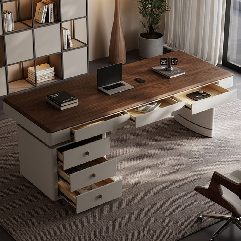 Bureau 6 tiroirs brun noisette + gris massif + bois manufacturé, H 29,53 po x l 62,99 po x P 27,56 po