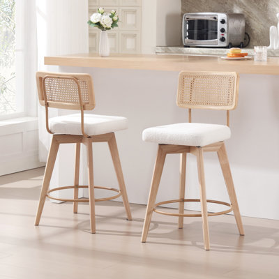 Uniondale Swivel Upholstered 26.2'' Counter Stool with Rattan Cane Back and Solid Wood Frame