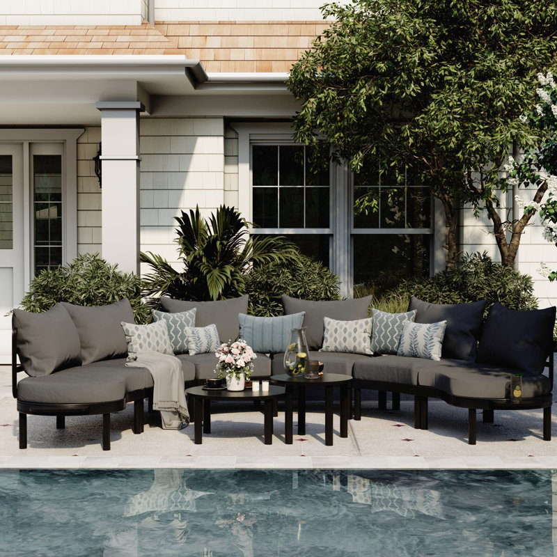Patio Curved 6-Person Conversation Set with Cushions, Grey Cushion/Black Frame