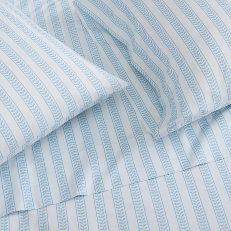 Martha Stewart Cotton Percale  Sheet Set, Queen Sheet Set with 2 Pillowcases, Leaf Stripe Blue