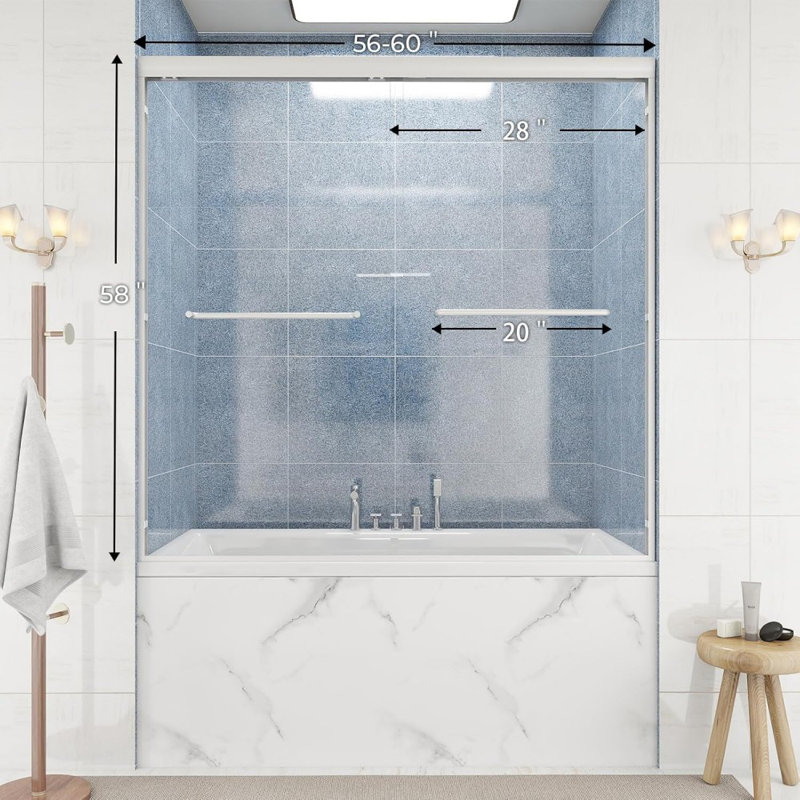 Porte de douche sans cadre de 56 à 60 po x H 58 po - verre trempé de 6 mm, cadre en aluminium réglable, poignée de barre à serviettes et film antidéflagrant