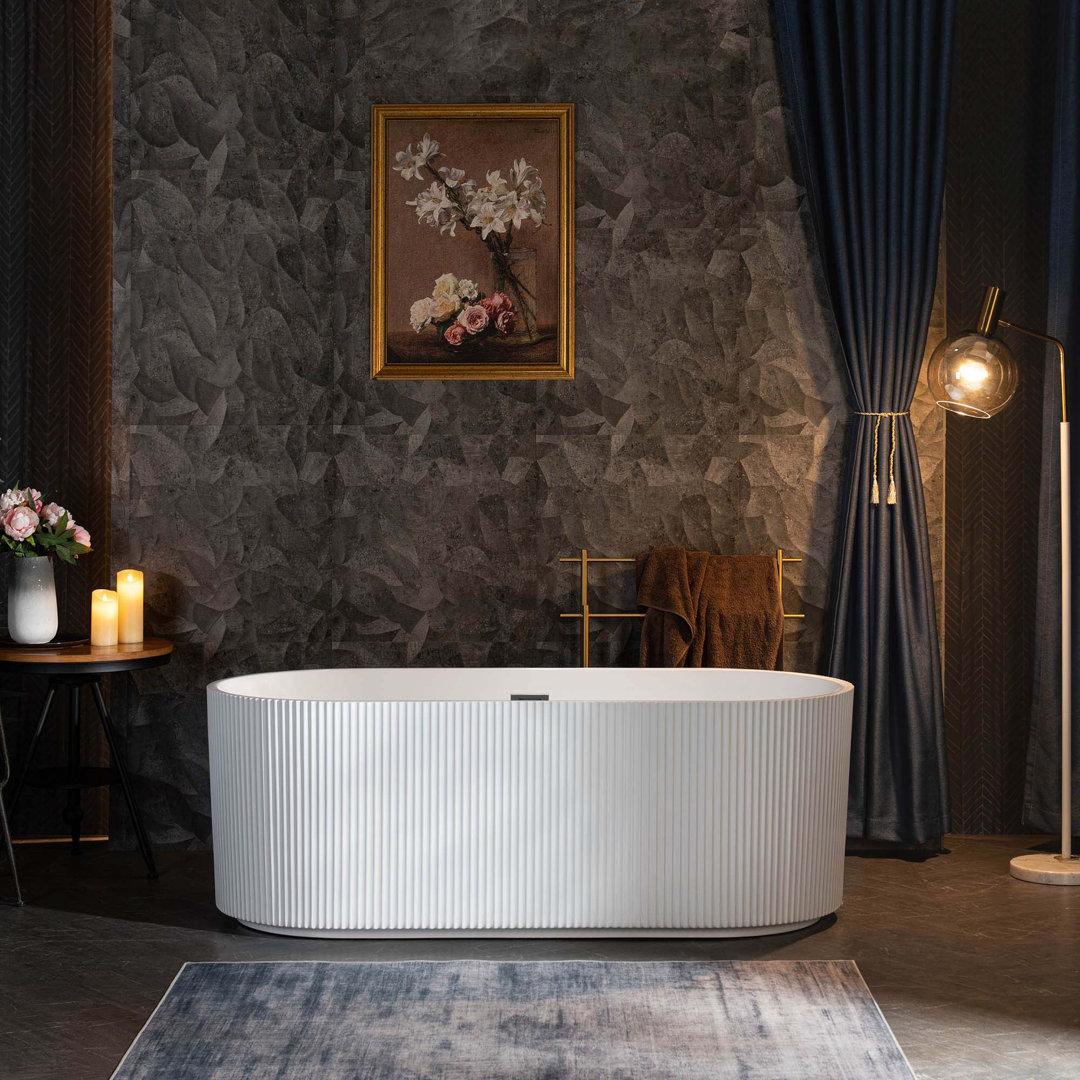 Pavanjit 67" x 32" Freestanding Acrylic Bathtub, Unique Artistic Design, Soaking Tub in White WoodBridge Drain 