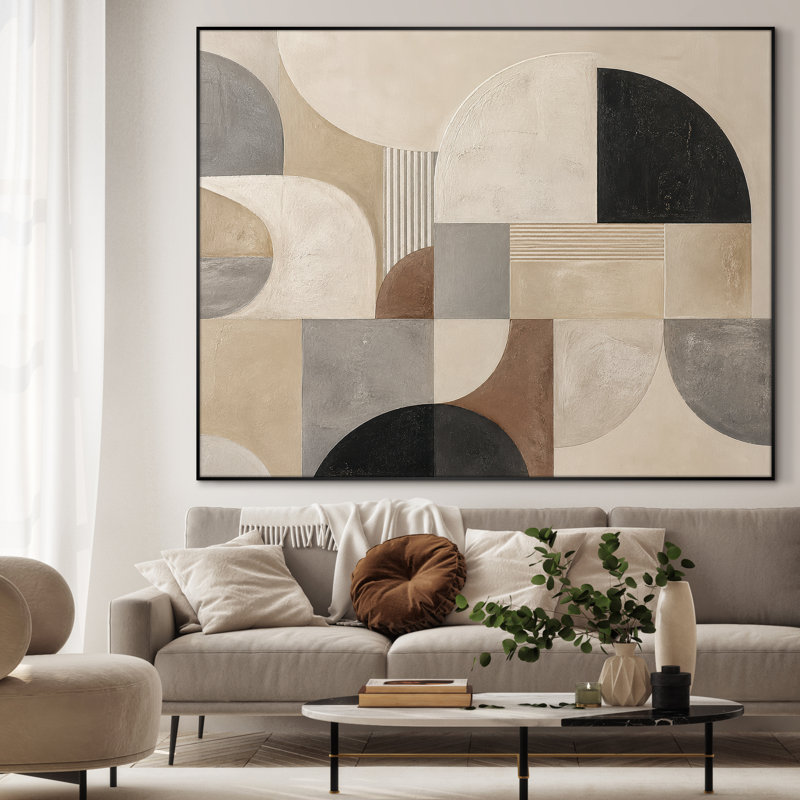 Très grand art mural imprimé sur tissu - Motif d'arche géométrique beige, décoration de salon moderne - «Assemblage requis du cadre (cadre non fini)»