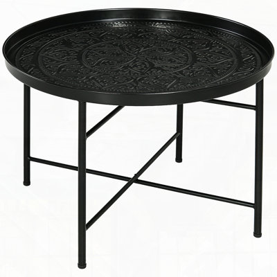 24" Round Coffee Table with Hammered Tray Top, Vintage Metal Center Table