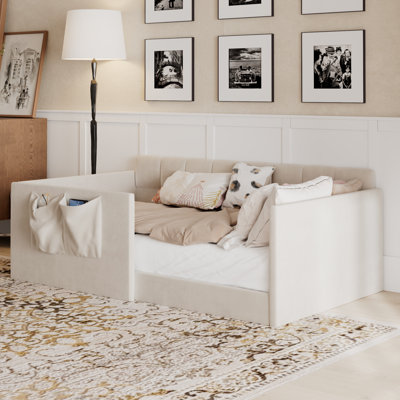 Twin Size Velvet Upholstered Daybed Bed, High Side Panels, Side Entrance, Space-Saving Guest Bed Storage Pockets, Beige