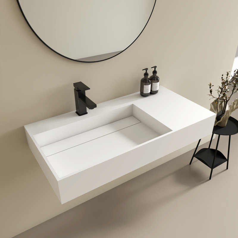 36" Premium Wall Mounted Stone Resin Rectangular Vessel Sink Art-Left Basin Trough, Durable And Stylish Bathroom Sink With Faucet Hole