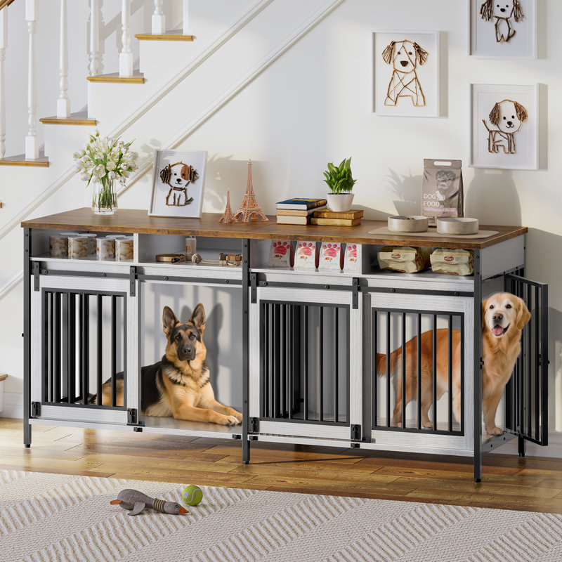 78.74'' Double Dog Crate Furniture with Removable Divider and 4 Compartments, White