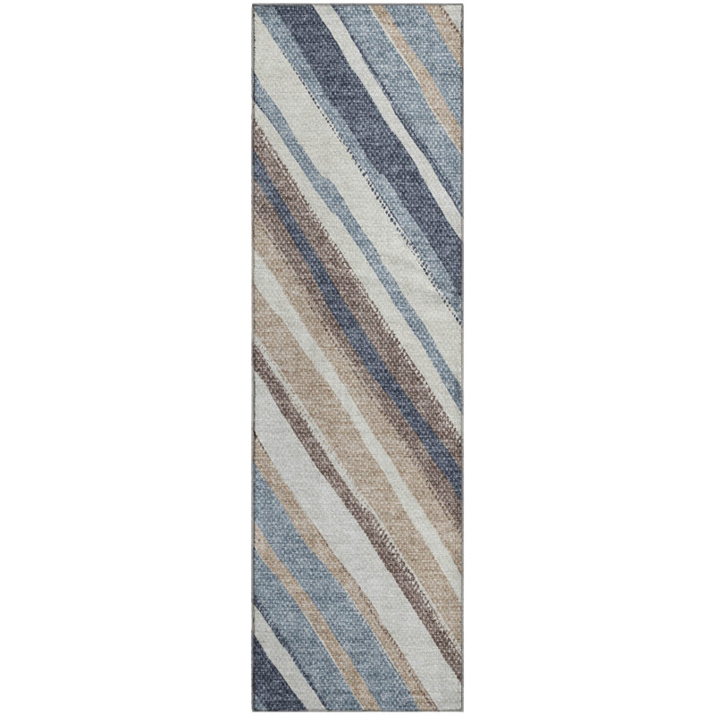 Premium Machine Washable Mayfield AMF2282 Striped Rug, Denim, 2'3" x 7'6" Runner