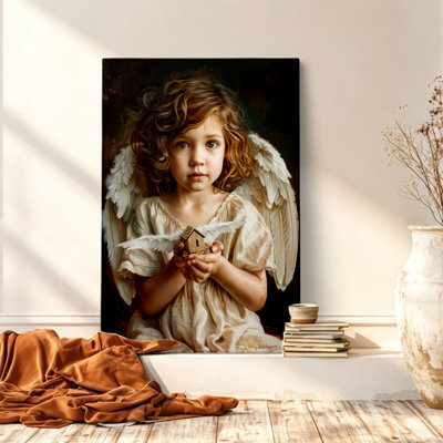 Vintage Angel Girl & House Canvas Wall Art  Whimsical Guardian Angel Portrait Print 40*28inch- Living Room Decor