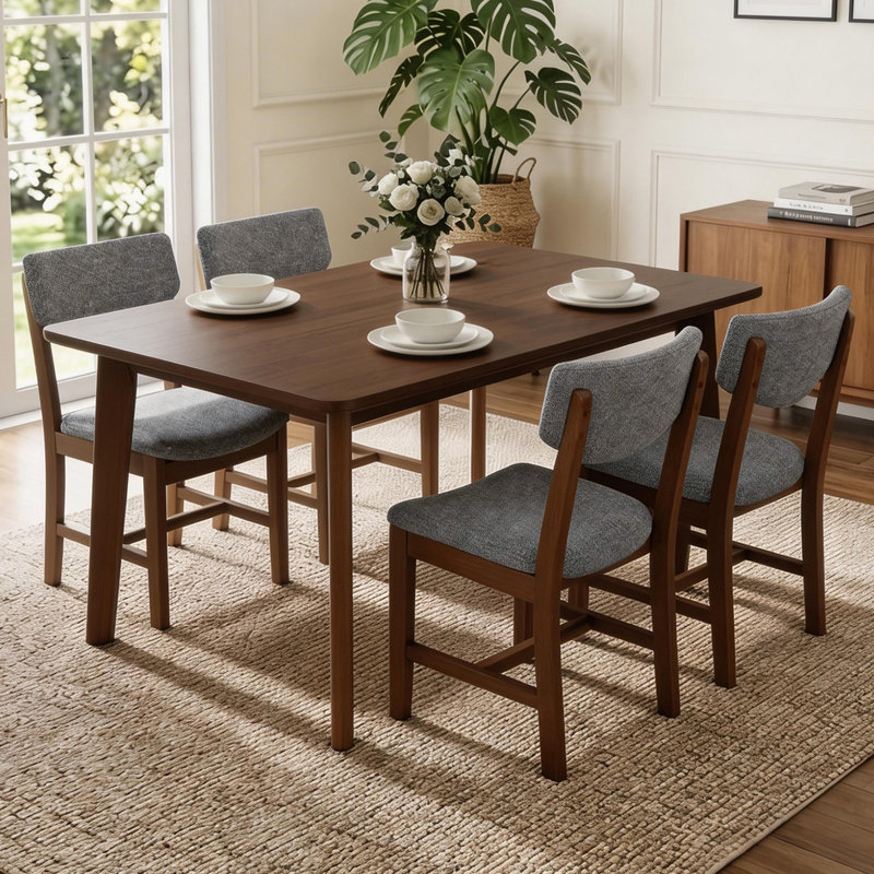5-Piece Dining Set - Solid Wood Table and Upholstered Chairs, Brown