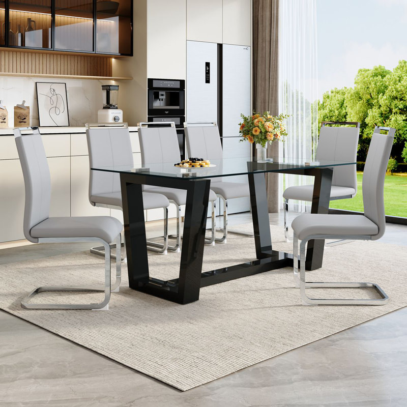63'' Dining Table Set For 4–6 People, Modern Tempered Glass Kitchen Table With Faux Leather Chairs, Light Gray
