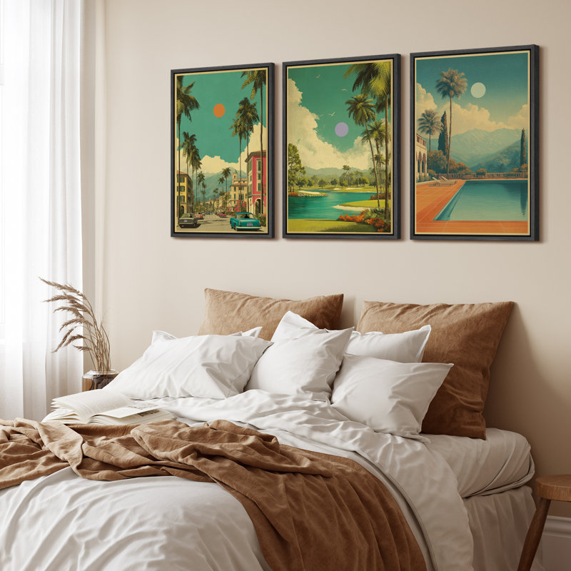 «Retro Palm Springs Landscape Mid-Century Modern Home Decor», ensemble de 3 impressions murales sur toile encadrées, Noir