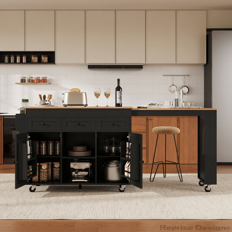 K&K 85.5" Kitchen Island with Extendable Dining Table, Kitchen Storage Table with 3 Side Open Shelves, Rolling Kitchen Island with Power Outlet, 3 Drawers, 2 Doors, for Kitchen, Dining Room