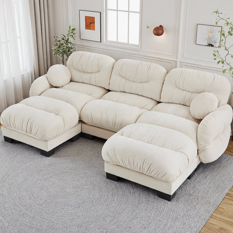 U-Shaped Pleated Chenille Fabric Modular Sectional Sofa with 2 Ottomans, 3-Seater Couch with Ergonomic High-Density Foam Seat, Curved Round Armrests & 2 Throw Pillows