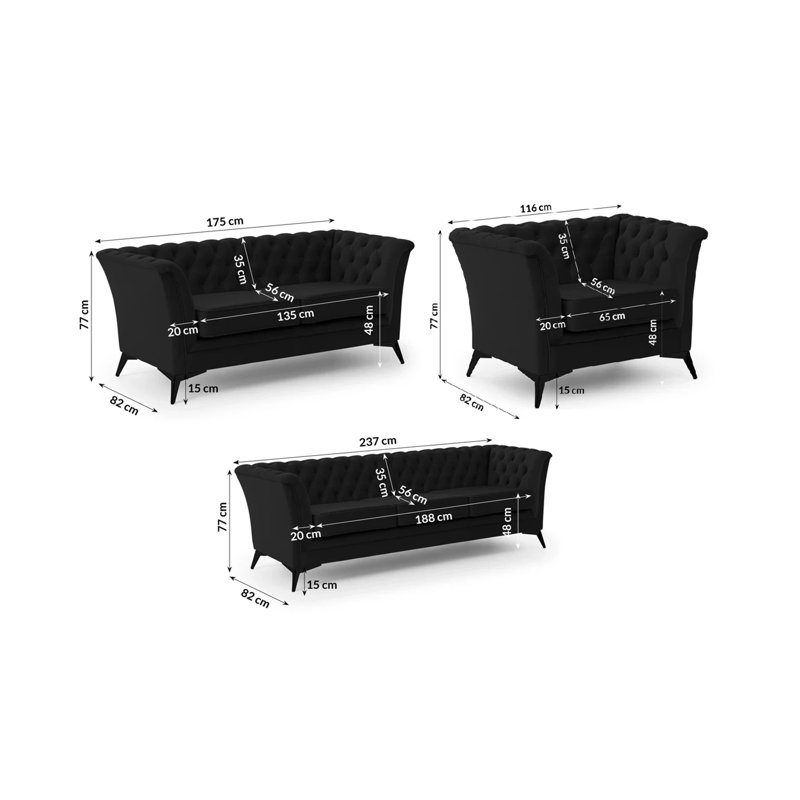 Whitby 3 - Piece Velvet Living Room Set, Black, Black