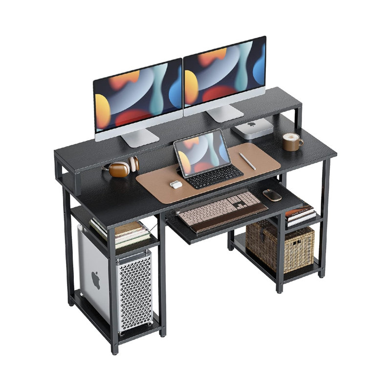 Computer Desk With Keyboard Tray, 47 Inch Office Desk With Monitor Stand And Storage Shelves, Music Studio Desk Workstation, Work Table For Home Office, Black
