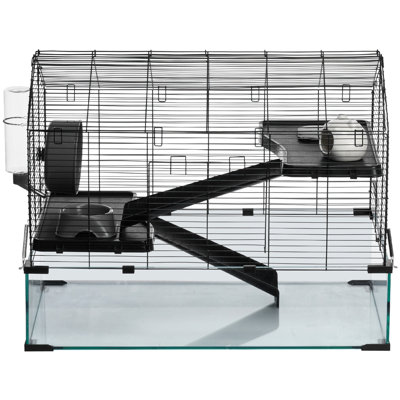 Cage métallique de 29,5 po pour hamster, gerbille et souris, construction, rafraîchissement de l'air par ventilation supérieure, vue à 360 degrés, installation simple, animal de compagnie en verre trempé noir avec métal, espace de vie confortable, panoramique