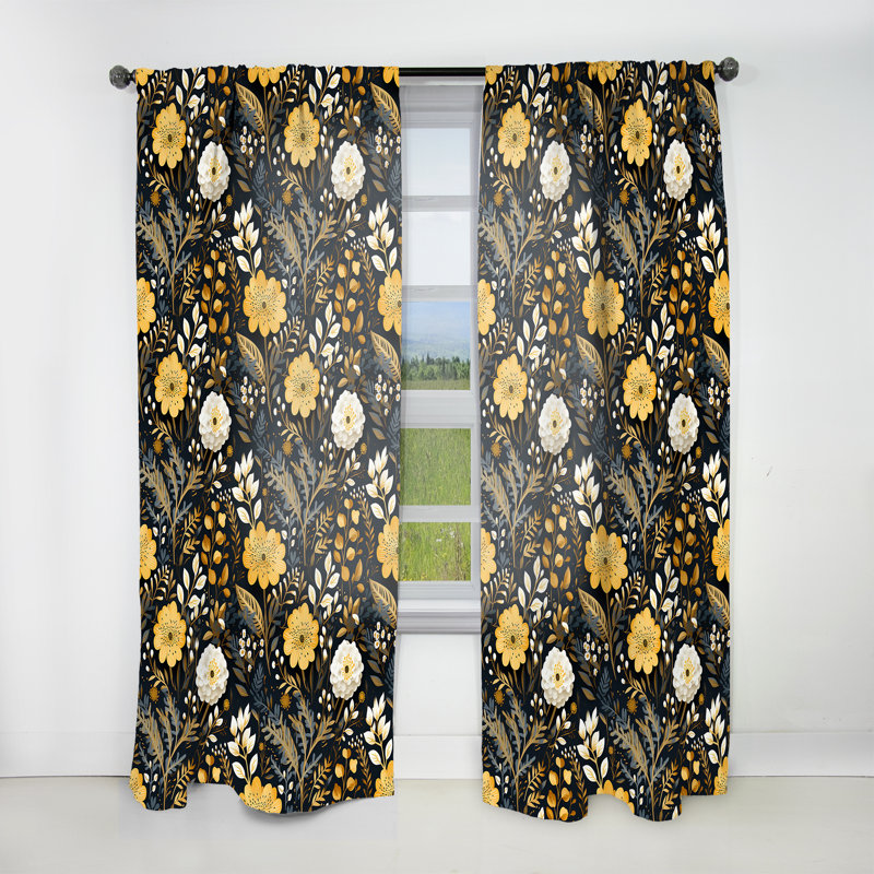 Rideau bohémien noir et jaune Boho Botanical - velours obscurcissant - 1 panneau, L 52 po x L 120 po