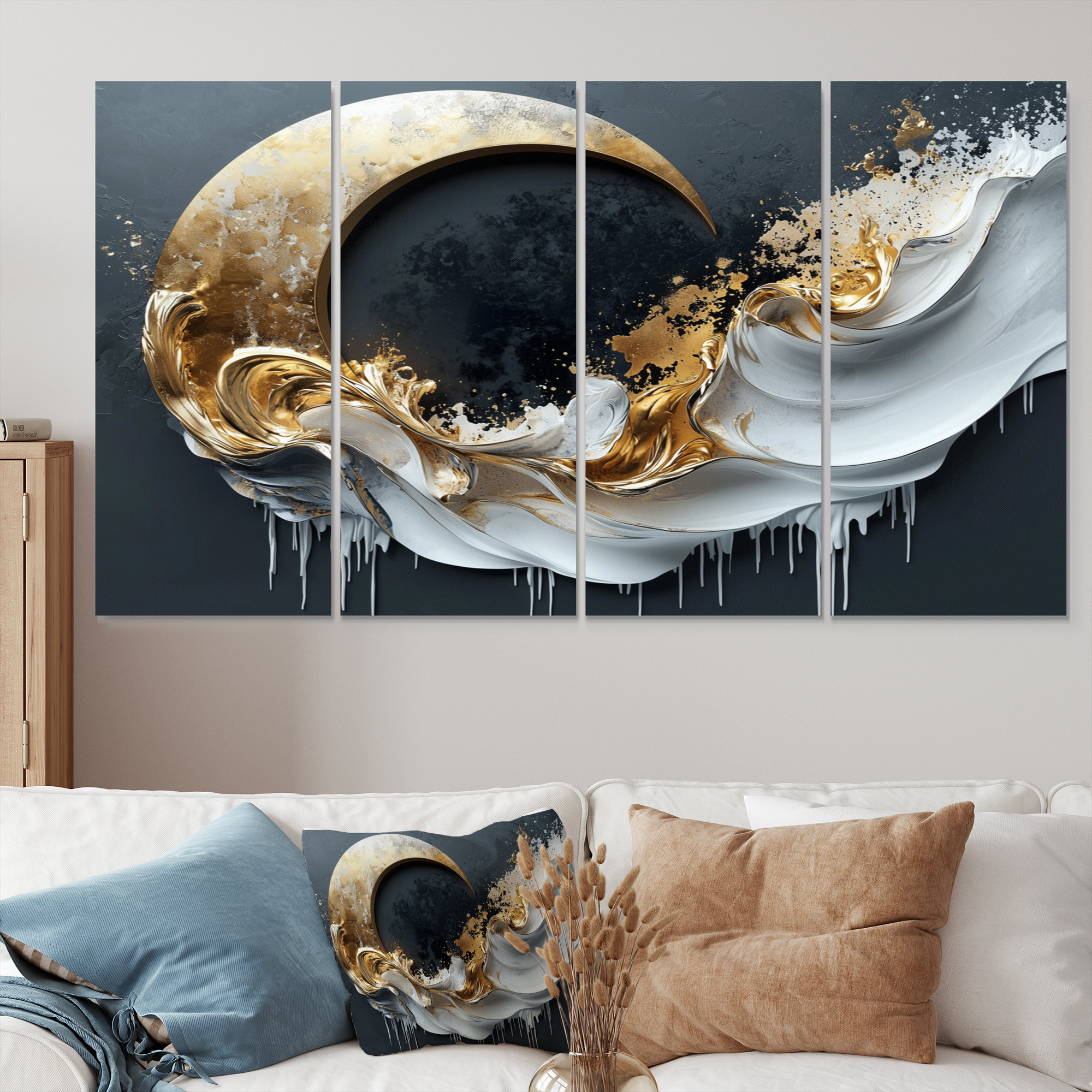 Mercer41 Black And Gold Moon Lines II - Abstract Shapes Canvas Art Set ...
