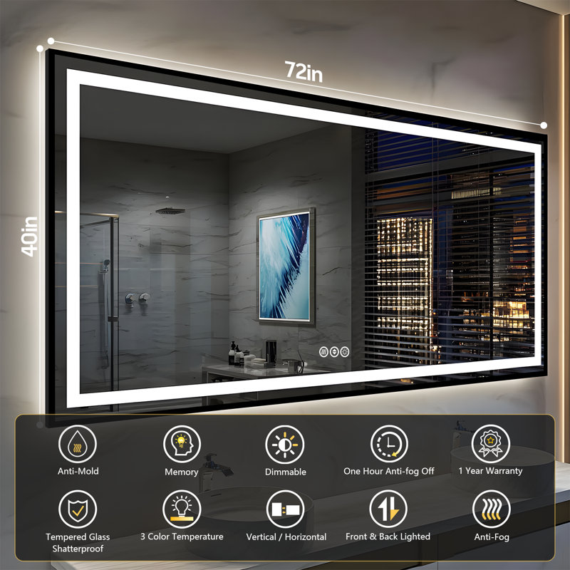 Miroir de salle de bain Adorna certifié UL à intensité variable avec éclairage tricolore, 72 po x 40 po