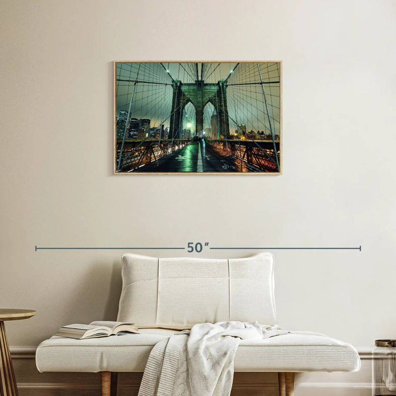 Brooklyn Bridge Nightfall, Cadre flottant en bois naturel, 31 po x 21 po