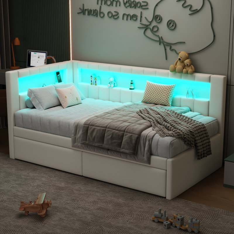 Upholstered Corner Daybed with LED Lights and Storage, White