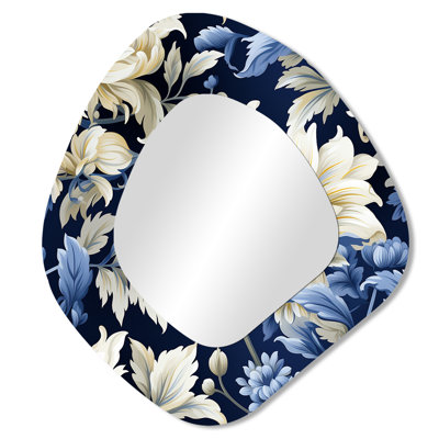 Astral Blue White Damask Radiance IV - Damask Unique Shape Decorative Mirror, White Asymmetrical Wall Mirror, Printed Metal Art