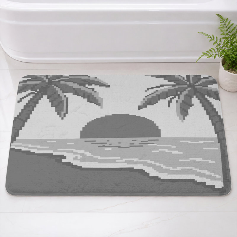 Tapis de bain à motif pixelisé de plage tropicale, L 24 po x L 17 po, Gris moyen / noir
