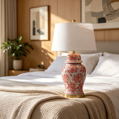 Lampe de table rouge et blanche en céramique pour le salon et le bureau, lampe en pot de gingembre traditionnel chinois avec abat-jour tambour en lin blanc, 29,5 po, avec ampoule DEL