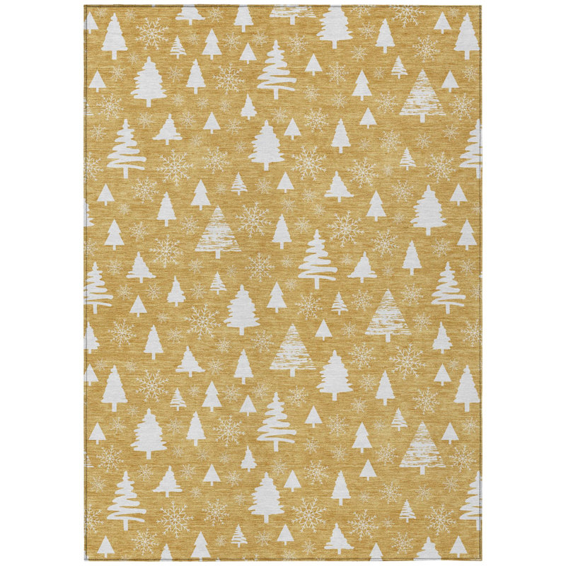 Tapis intérieur/extérieur lavable à motif flocons de neige dorés et ivoire, 152 x 244 cm