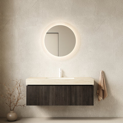 Meuble-lavabo de salle de bain 48 po, armoire en contreplaqué flottant, plateau en pierre frittée, lavabo en céramique, 1 trou de robinet pré-percé, système de fermeture en douceur, grand rangement facile à installer